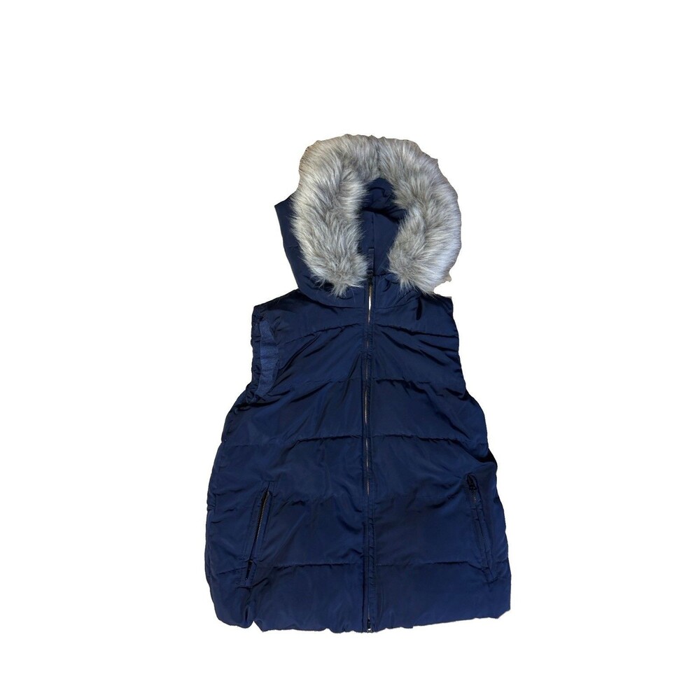 GAP Navy Blue Puffer Vest Faux Fur Hooded Full Zip Quilted Gilet Womens XS